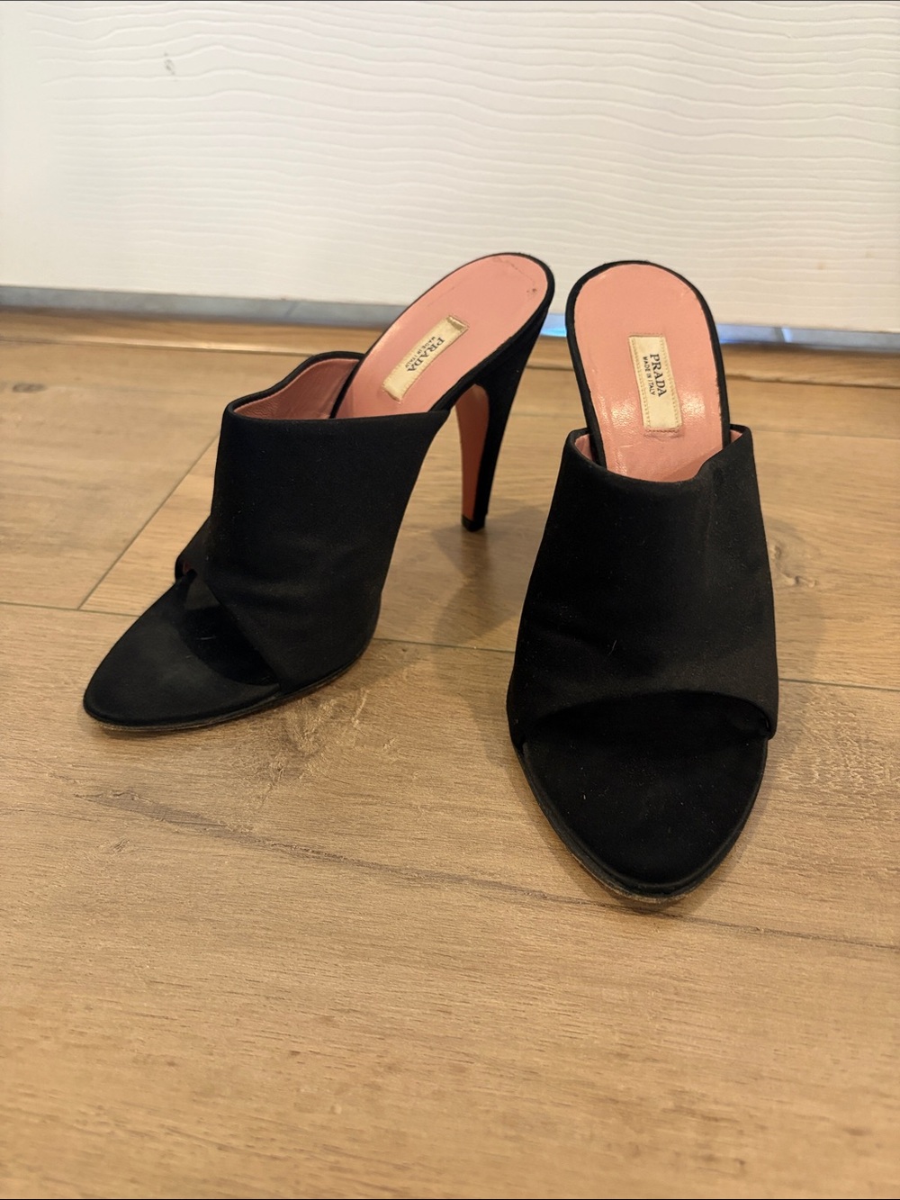 Vintage Prada Black Open-Toe Mule Heels with Pink Insole